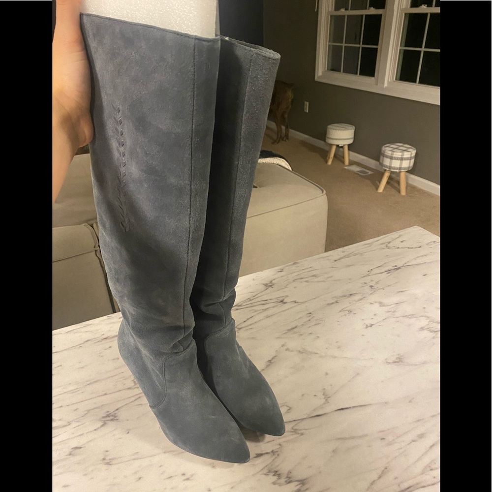 Suede grey knee high boots